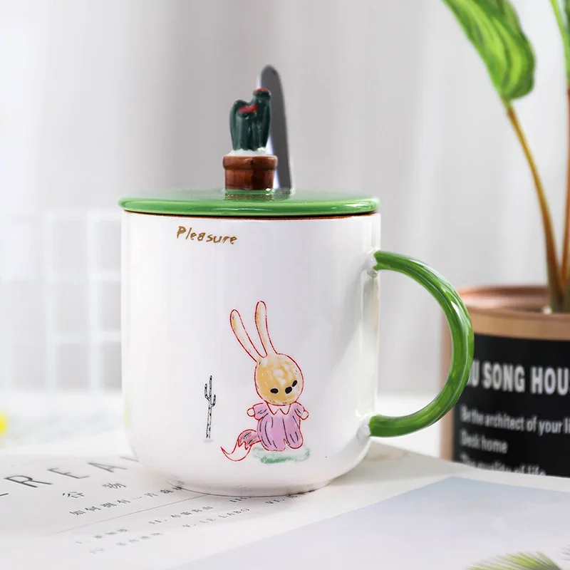 Rabbit Новинка, керамическая чашка в виде животного с крышкой, ложка, офисная, милая, мультяшная, лаконичная, для завтрака, кофе, молока, сока, милая кружка, чашка - Цвет: Rabbit