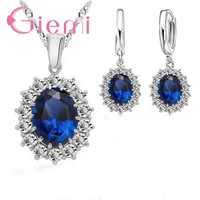 dark blue cubic zirconia wedding engagement jewelry sets for women princess round pendant necklace hoop earrings gifts