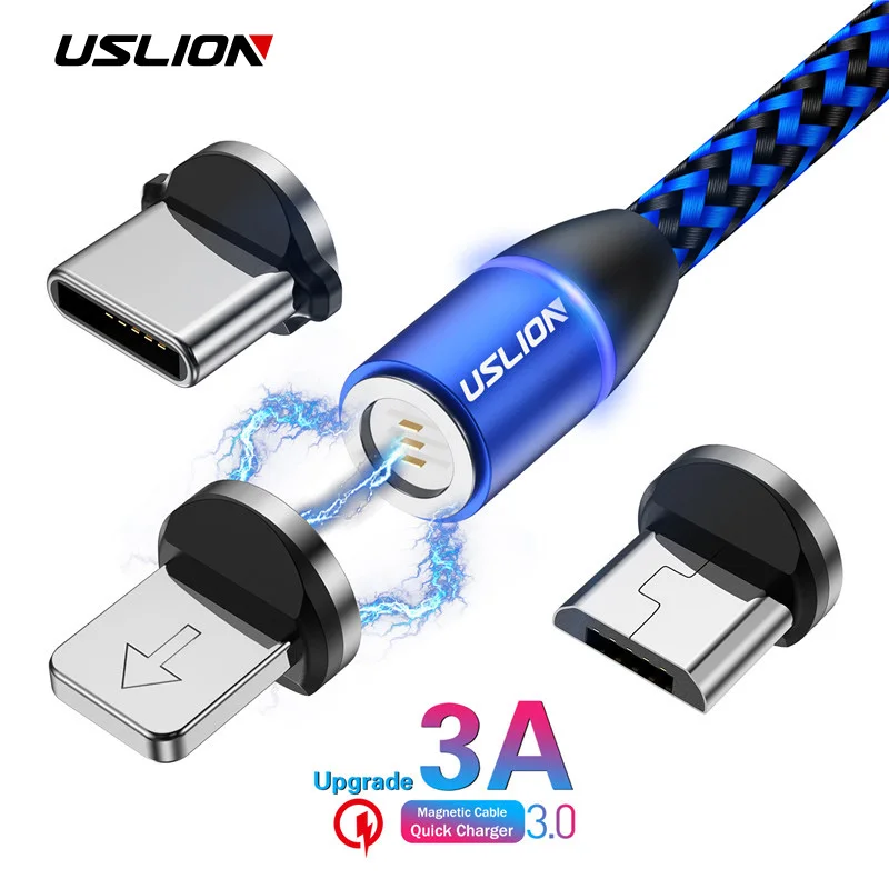 Магнитный кабель USLION 2M 3A Micro USB Type C для быстрой зарядки телефона зарядка iPhone X 8 7