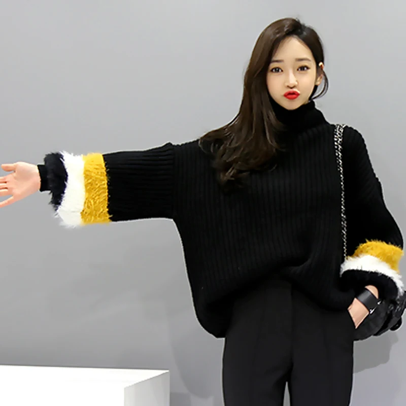 Зима 2018 новинка корейский Свободный пуловер с высоким воротом свитер женский