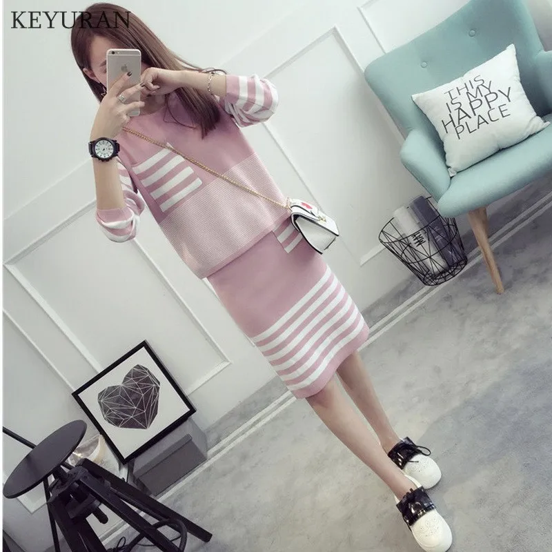 Plus Size XL-4XL New Women Striped Knitwear Suits O-neck Long Sleeve Knitted Crop Tops + Tight Hip Bodycon Skirt Knitting Sets | Женская