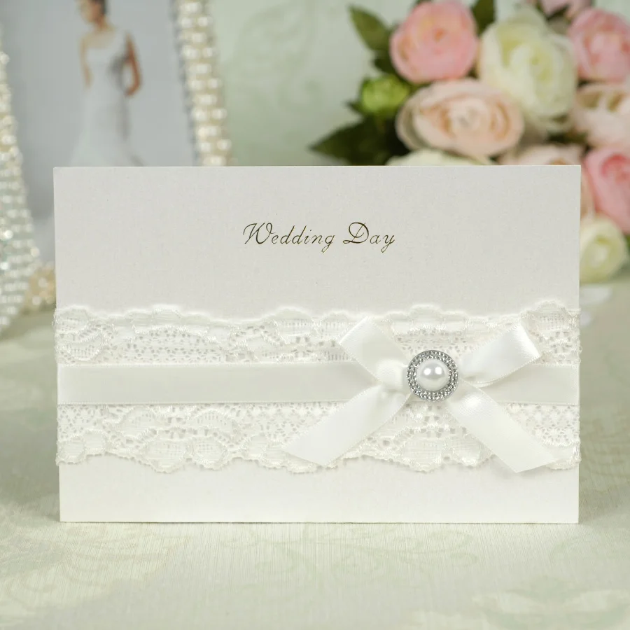 Свадебные приглашения белого цвета с лентой кружева 50 компл./лот|wedding invitation