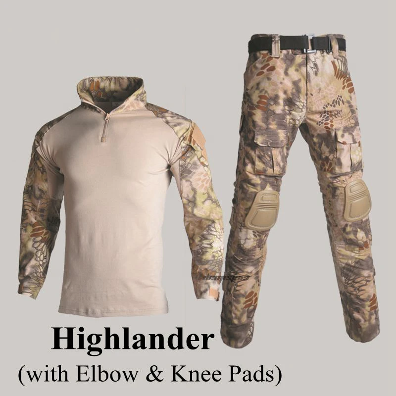 highlander Тактические боевые костюмы военная форма дышащая страйкбол стрельба одежда охота одежда рубашки+ брюки налокотники наколенники - Цвет: highlander
