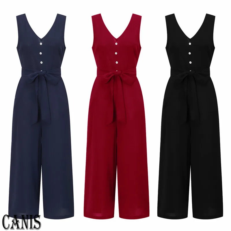 

New V Neck Jumpsuits Summer Women's Ladies Sexy Solid Button Casual Elegant Long Wide leg Trousers Overalls Jumpsuit