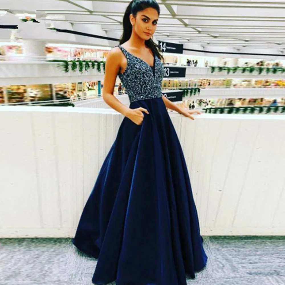 

Blue Prom Dresses A-line Deep V-neck Tulle Beaded Women Party Maxys Long Prom Gown Evening Dresses Robe De Soiree