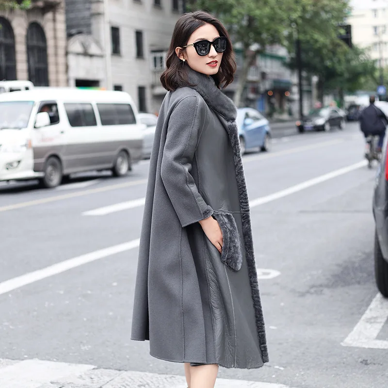 2018 New Women's Winter Real Fur Coat One Long Section Two Sides Wearing Sheep Shearing Mink Collar Warm Jacket LE466 | Женская