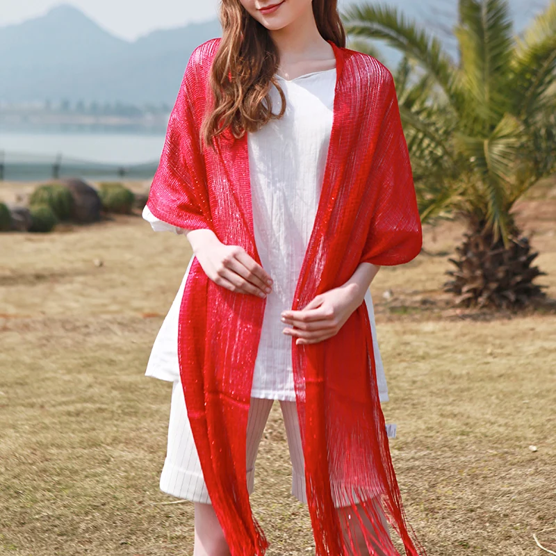 Genovega New Women Viscose Scarves Evening Metallic Glitter Scarf Female Lurex Shinning Tassel Long Solid For Lady |