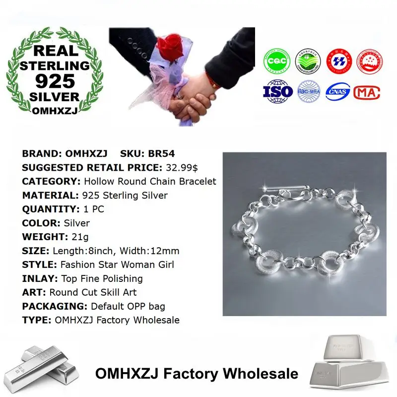 OMHXZJ Wholesale Personality Fashion Woman Girl Party Wedding Gift Silver Hollow Round Chain 925 Sterling Bracelet BR54 | Украшения и