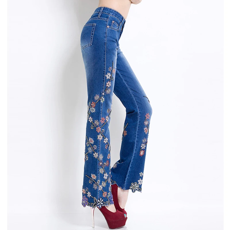 Лидер продаж 2019 узкие расклешенные брюки с высокой талией женские джинсы ручной