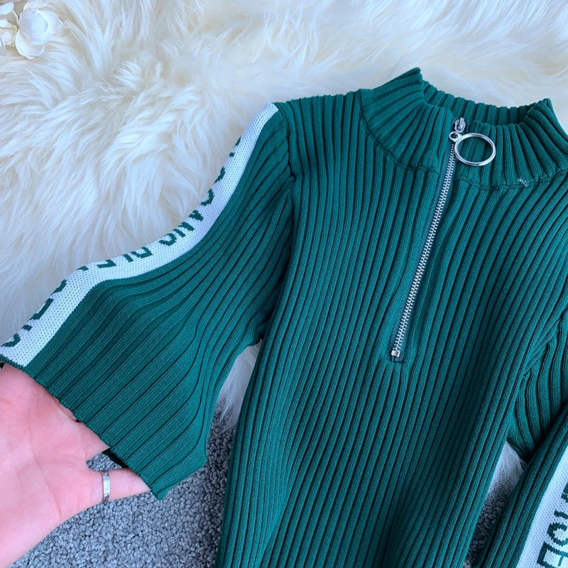 ALPHALMODA, Ранняя осень, БУКВЕННОЕ, на молнии, до середины икры, трикотажное, с коротким рукавом, обтягивающее, винтажное, женское, Vestidos