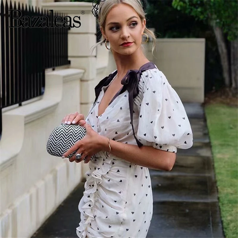 Bazaleas 2019 Fashion Heart Pattern Draped vestidos Vintage Shoulder Tie Bow Women Dress Puff Sleeve women Dresses Casual | Женская