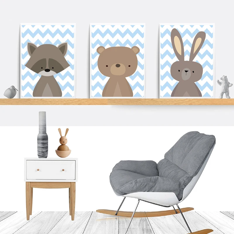 

Woodland Animal Nursery Wall Art Blue Bear Posters and Mountain Quote Canvas Painting Cartoon Pictures for Living Room Decor