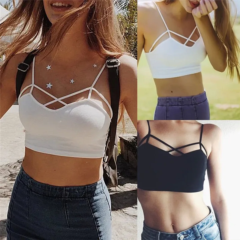 

2017 Sexy Women Cut Out White Bra Bustier Crop Top Bralette Strappy Crochet Cropped Blusas Bandage Halter Tank Tops Camisole