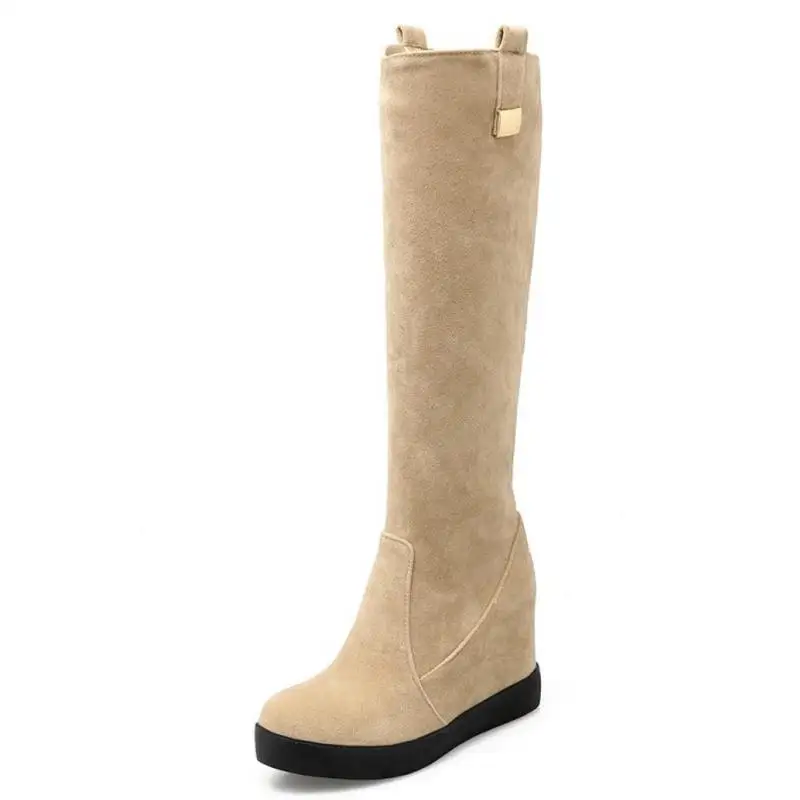 TAOFFEN/пикантные зимние сапоги до колена; женские зимние сапоги на меху; Bota Feminina; обувь на платформе на высоком каблуке; женские сапоги; клинья флок; размеры 34-39 - Цвет: Бежевый