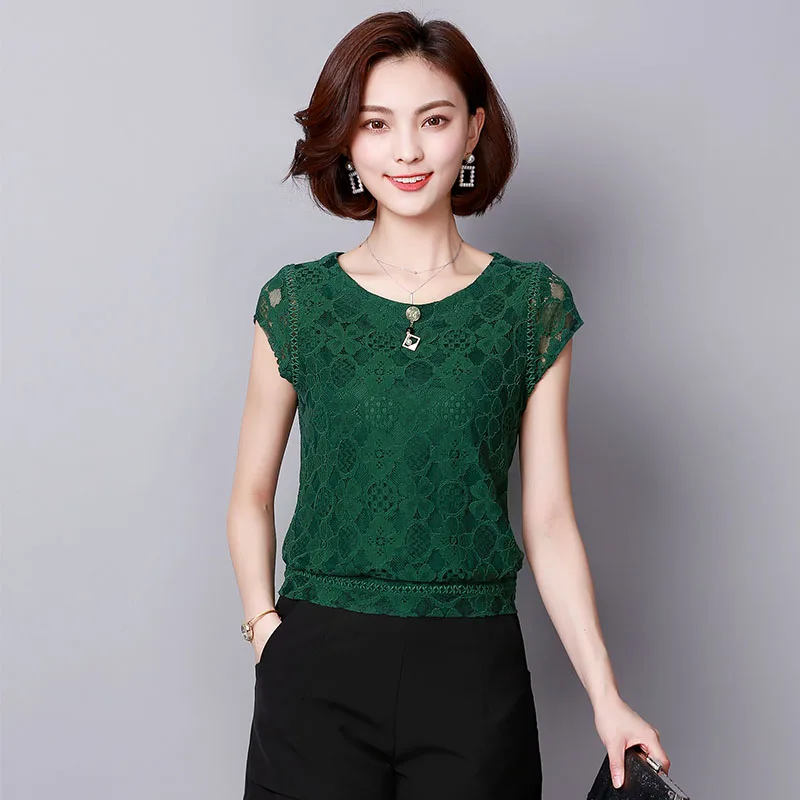 Зеленый Blusas Mujer De Moda, летняя женская кружевная блузка с коротким рукавом, модные женские рубашки размера плюс, Женские топы и блузки размера s 3XL - Цвет: Зеленый