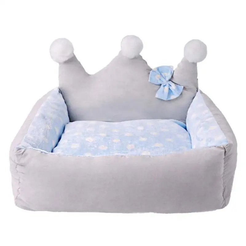 Blue Кровать для собаки в форме короны с бантом зимнее гнездо для собаки camas para perro Милая модная плюшевая кровать для маленьких домашних животных 50*45*25 см M 65*55*28 см - Цвет: Blue