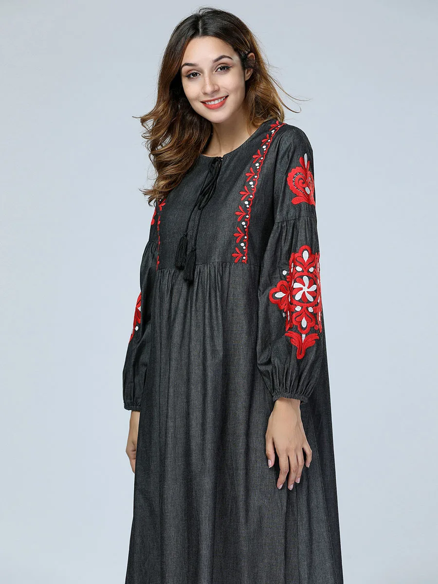 Длинное джинсовое платье Для женщин Дубайский мусульманский Абаи с цветочной