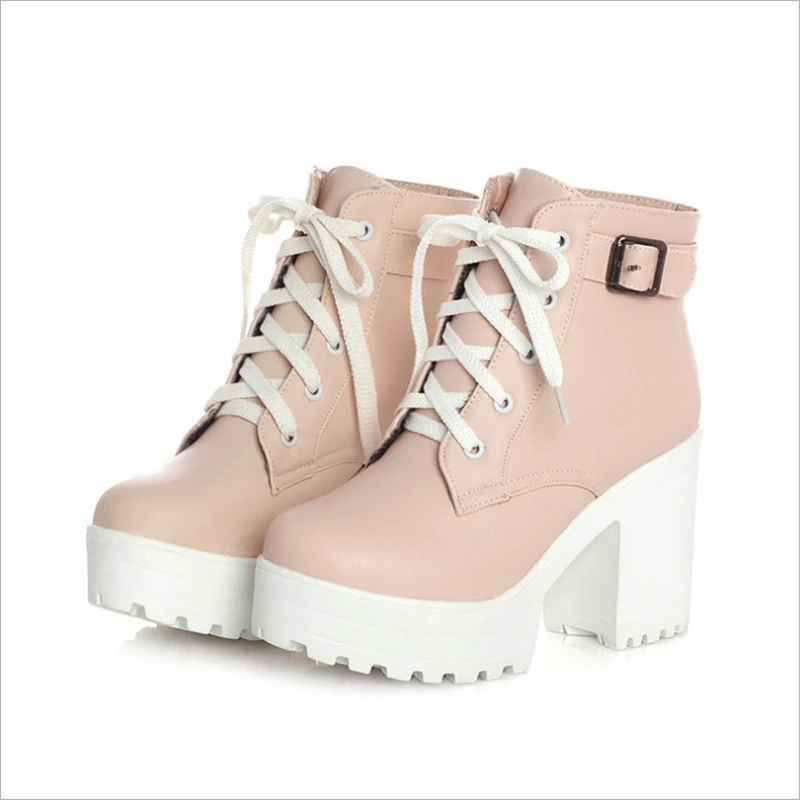 Ankle fashion women high heel boots woman casual shoes lace up white black pink with buckle | Обувь