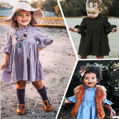 2018 New Summer Baby Kids Girl Flare Sleeve Dress Princess Girls Party Casual Holiday Beach Solid Sundress Clothes | Детская одежда и