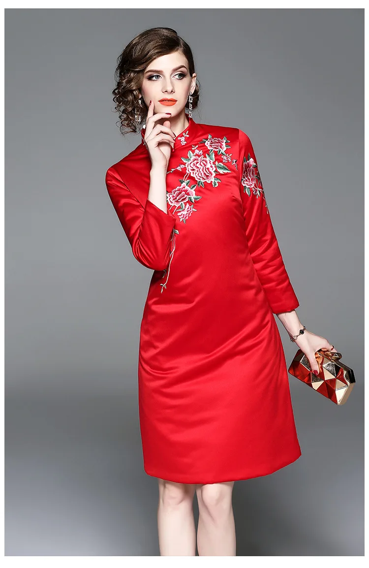 

Женское платье-Ципао с цветочной вышивкой, зимнее платье большого размера с хлопковой подкладкой, оригинальный дизайн