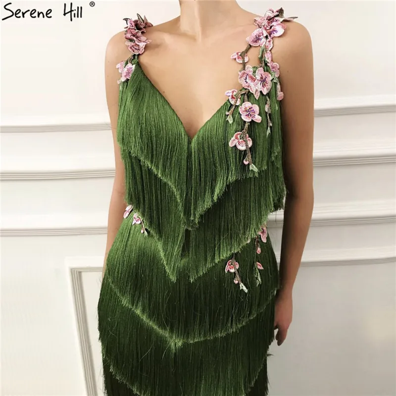 Green Sleeveless Tassel Tiered Sexy Evening Dresses 2021 V-Neck Flowers Mermaid Long Formal Dress Serene Hill LA70027 | Свадьбы и