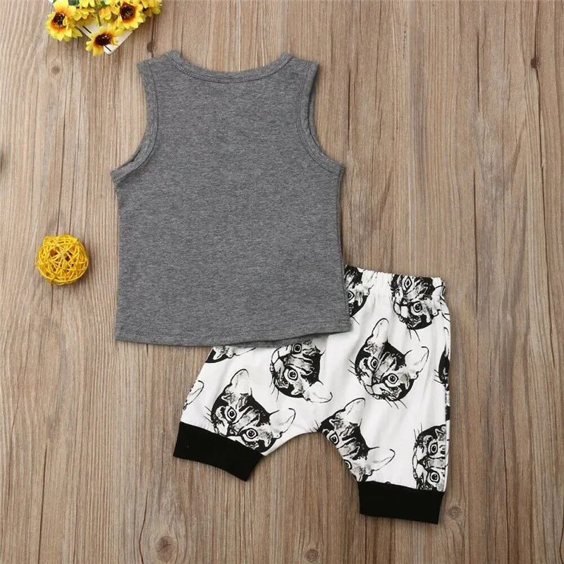 Newborn Baby Boys Outfits Cat Print Tank Tops Sleeveless Shirt Shorts Pants Set Clothes Kids Clothing Sets |