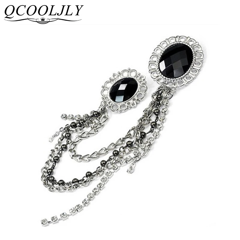 Женская готическая брошь QCOOLJLY черная брошка с цепочкой кристаллами и цветком