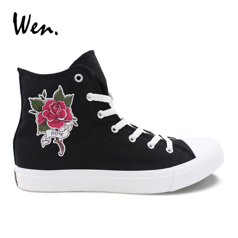 

Wen Original Design Red Rose Flower Tattoo Valentine Lovers Shoes High Top Black Canvas Sneakers Women Men Couples Plimsolls