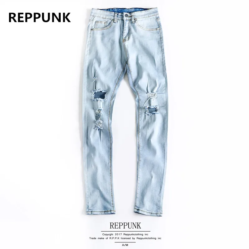 REPPUNK 2017 светло голубые мужские джинсы Синие рваные зауженные модные