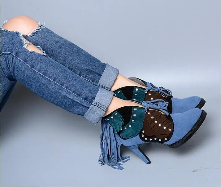 Ботильоны женские замшевые с бахромой модные классические ботинки на высоком