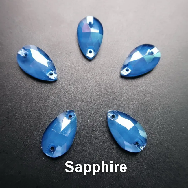 A7 Sapphire Прозрачные карамельные тонкие Стразы в форме капель из прозрачного стекла с плоской задней частью и двумя отверстиями, 5 размеров, пришивные стразы, обувь под платье, сумка, сделай сам, украшение - Цвет: A7 Sapphire