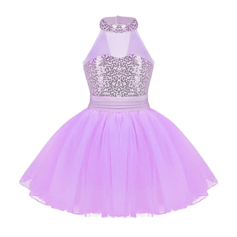 Lavender Kids Girls Mock Neck Ballet Dance Dress Gymnastic Leotard Shiny Sequins Sleeveless Mesh Splice Ballet Leotard Flower Girls Dress - Цвет: Lavender