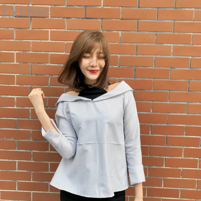 Lychee Spring Autumn Women Blouse Stripe Fake Two Pieces Halter Off Shoulder Casual Loose Long Sleeve Shirt | Женская одежда