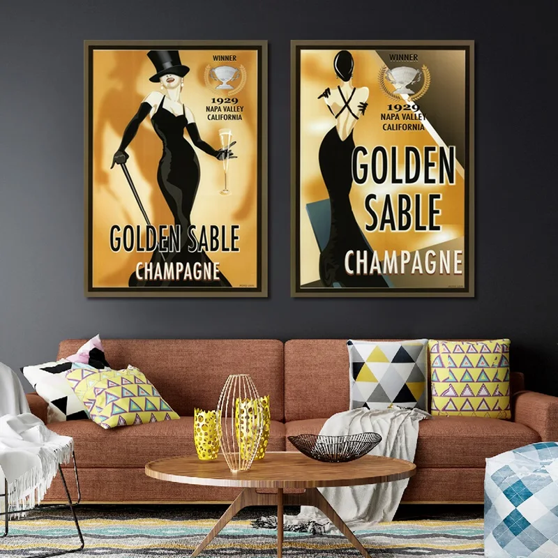 Модный холст настенная живопись золотые Соболь плакаты с шампанским и принтами