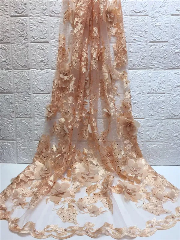 Новые африканские 3D кружевная ткань с аппликацией светло желтый высокое