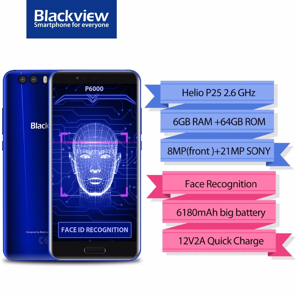 Смартфон Blackview P6000 Face ID 6180 мАч 6 Гб 64 21 МП Двойная камера 5 &quotJDI 16:9 Helio P25