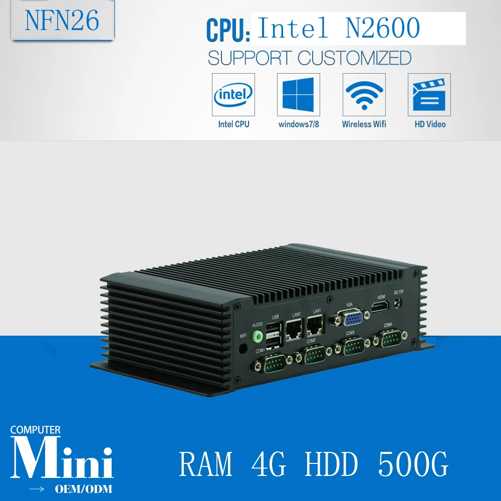 industrial computer industrial fanless mini pc high quality mini box pc Inter Atom N2600 1.6Ghz RAM 4G HDD 500G