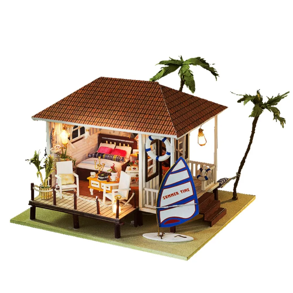 The Beach дом Светодиодная лампа миниатюрный кукольный домик DIY Kit деревянная модель