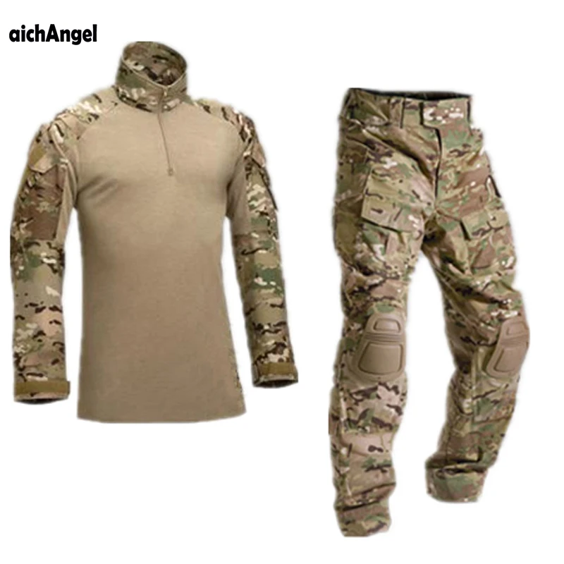 

aichAngeI Tactical Camouflage Military Uniform Clothes Suit Men US Army clothes Military Combat Shirt + Cargo Pants Knee Pads