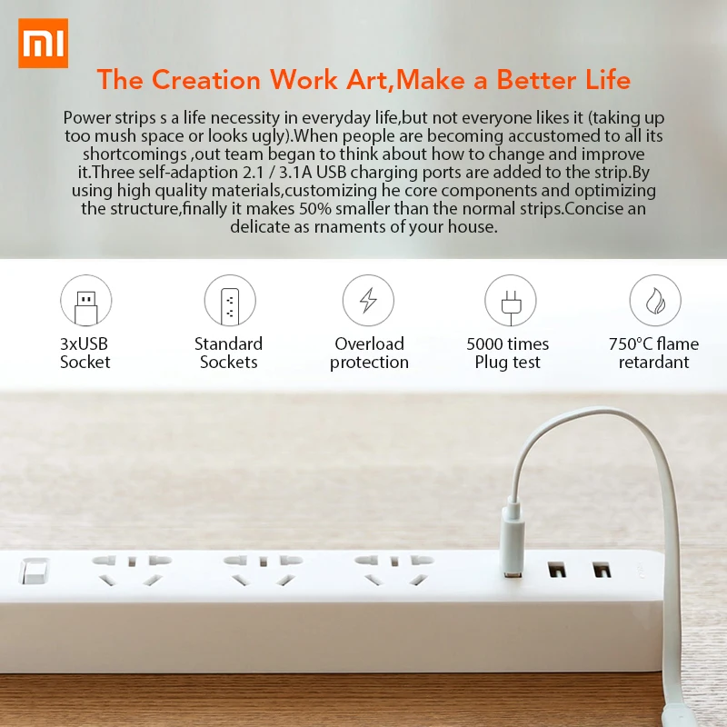 Оригинальная смарт лента Xiaomi Mijia 3 2A с usb портами для быстрой зарядки + гнезда Xiaom MI