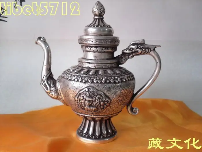

Тибетский серебряный чайник, классический чайник с бронзовым покрытием дракона Будды, горшок для бутылок 18 см, садовый 100% настоящий тибетск...