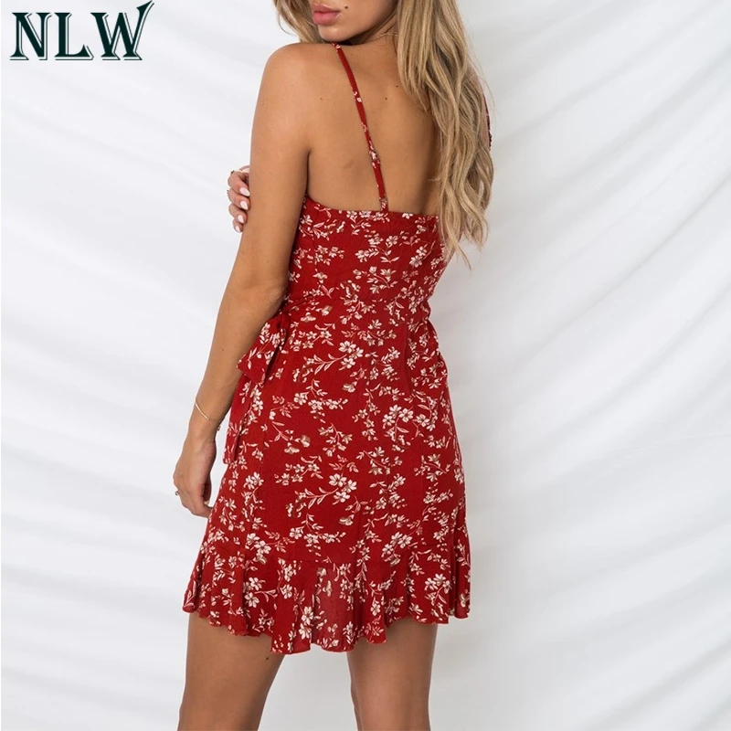 NLW Boho печати Мини Летнее платье Спагетти ремень с открытой спиной обертывание 2019