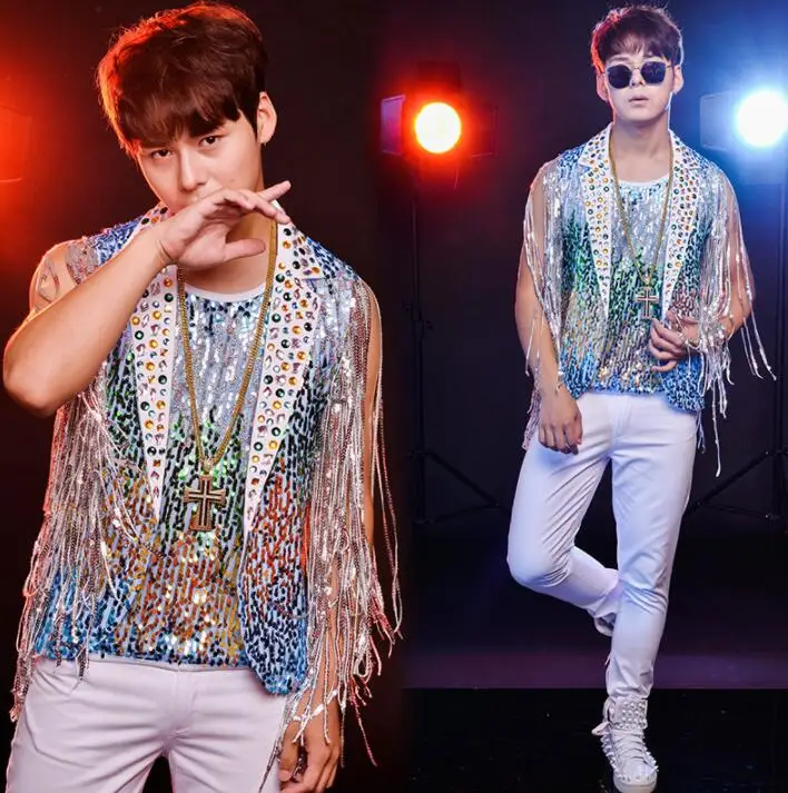 

Original men vest personalized singer dance stage street star style sleeveless Fringed sequin crystal drill clothing