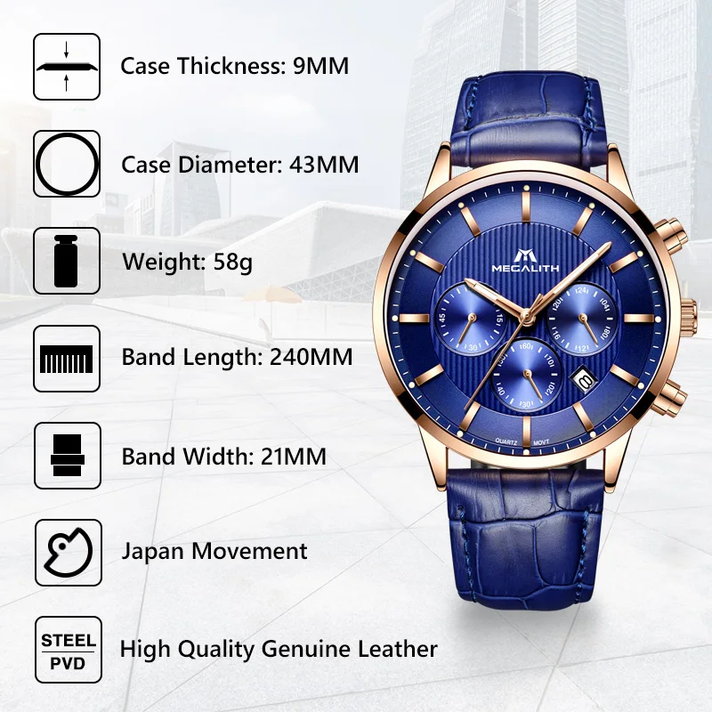 MEGALITH мужские часы водонепроницаемые Хронограф Дата Календарь Часы из