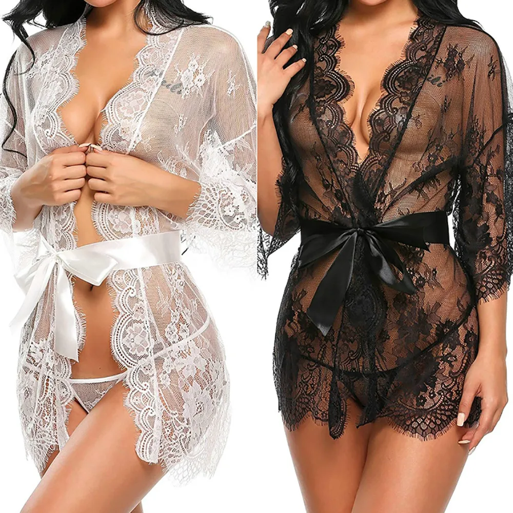 Женское сексуальное нижнее белье Babydoll, кружевное нижнее белье Babydoll с открытой промежностью, кружевное пальто, трусы, ночное белье