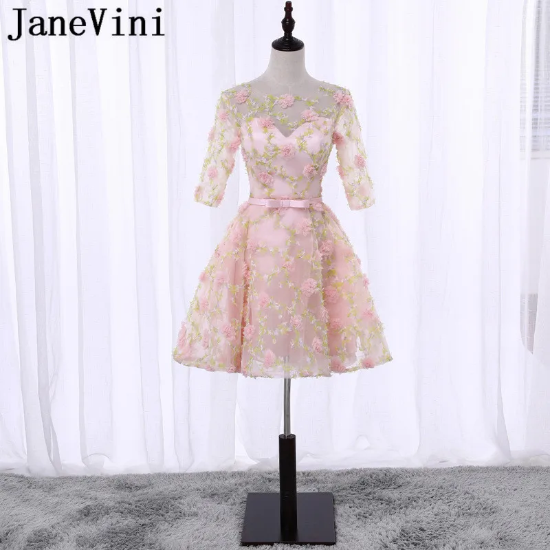 

JaneVini Pink Floral Short Bridesmaid Dresses for Girls Teenagers Half Sleeve Knee Length 3D Flowers Wedding Party Dresses Prom