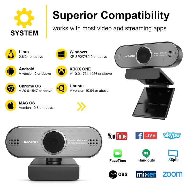 Unzano Pro поток веб камера 1080 P HD для Skype YouTube с автофокусом игры потоковая связь HDR