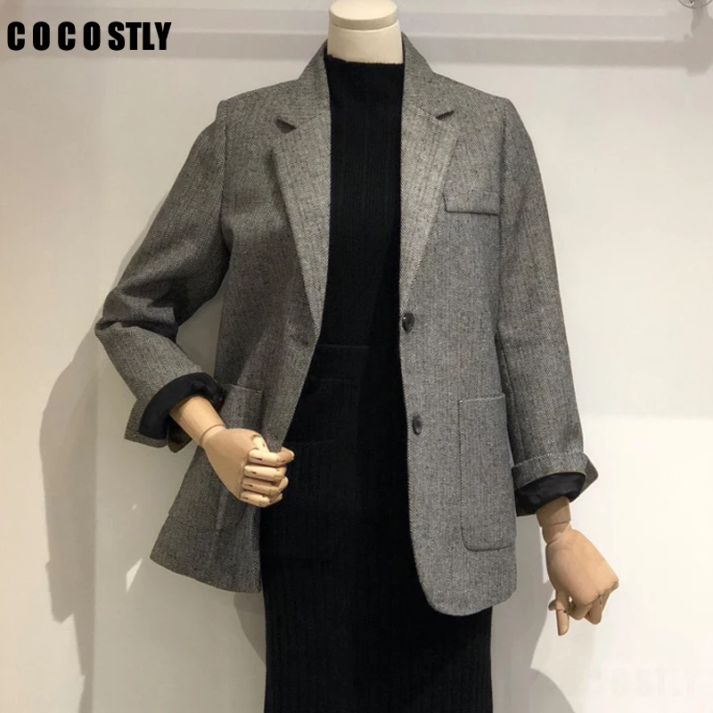 Блейзер Женский винтажный с узором в елочку|Женские пиджаки| |