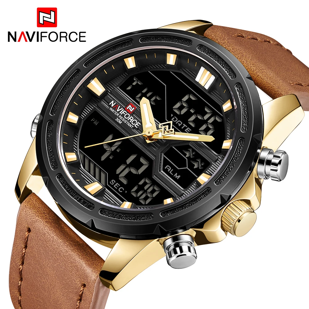 NAVIFORCE мужские цифровые часы Топ люксовый бренд открытый светодиодный кожаный