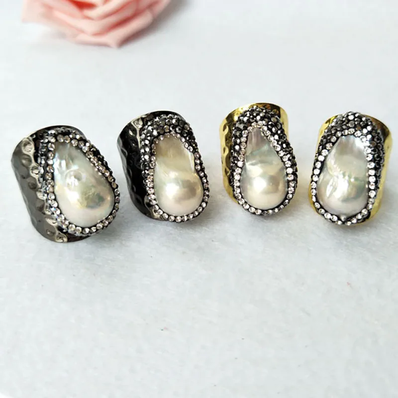 

5 pieces Natural Baroque pearl Wide Band Ring Crystal Zircon Gold/black Cuff Ring Jewelry Finger Ring R86